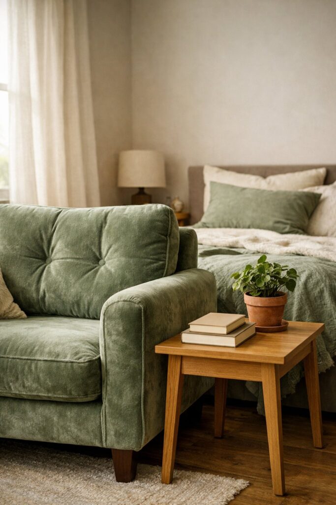 Sage green velvet armchair