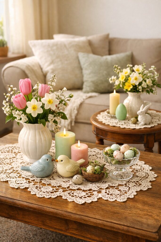 Scatter vintage lace doilies on coffee and side tables