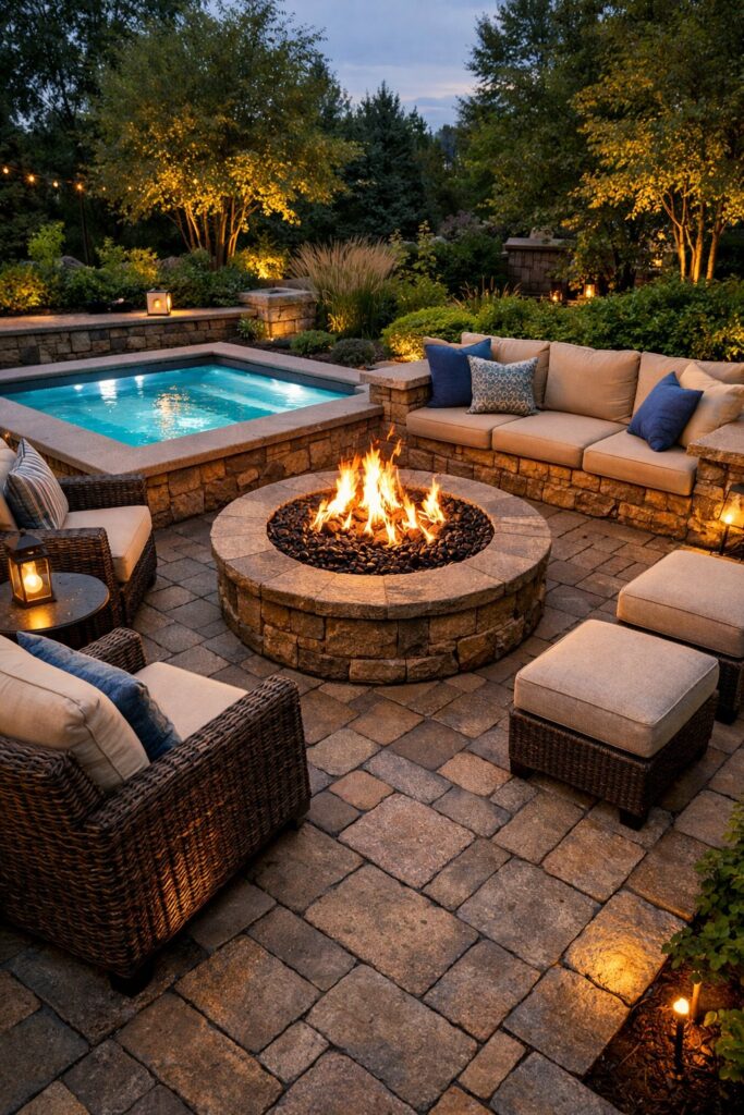 Stone paver patio with a built-in gas fire pit and rectangular hot tub