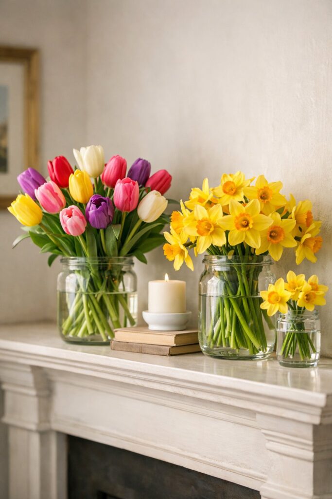 Style with bright tulips and daffodils in clear glass jars