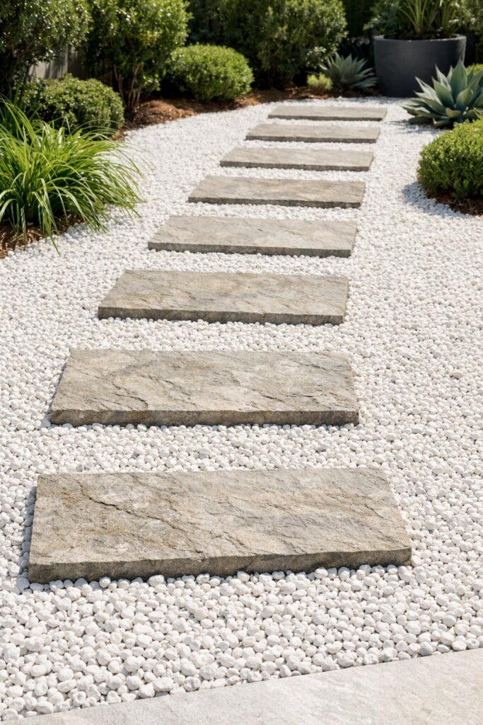 Weißer Kies mit schmalen Trittsteinen