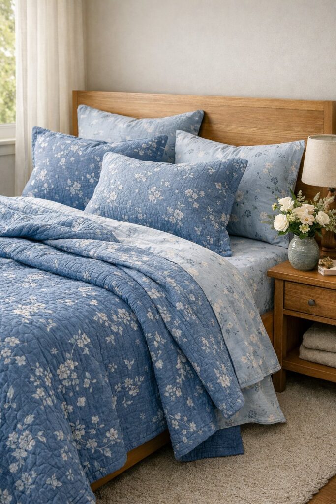 Floral blue chambray bedding