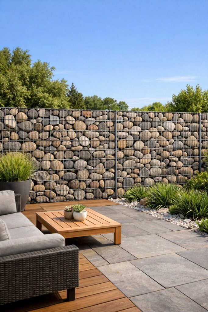 Gabion wall fence filled with rocks