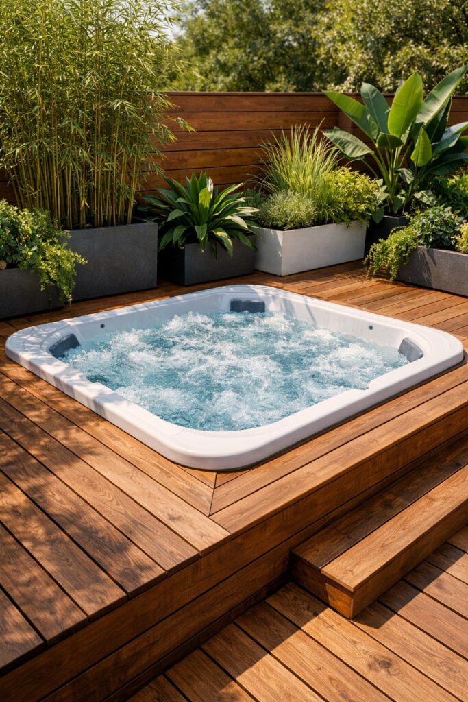 Hot tub deck featuring planters and greenery