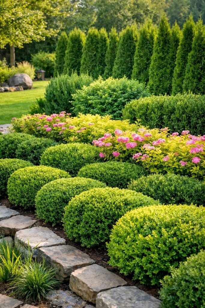 Layered landscaping with staggered shrubs