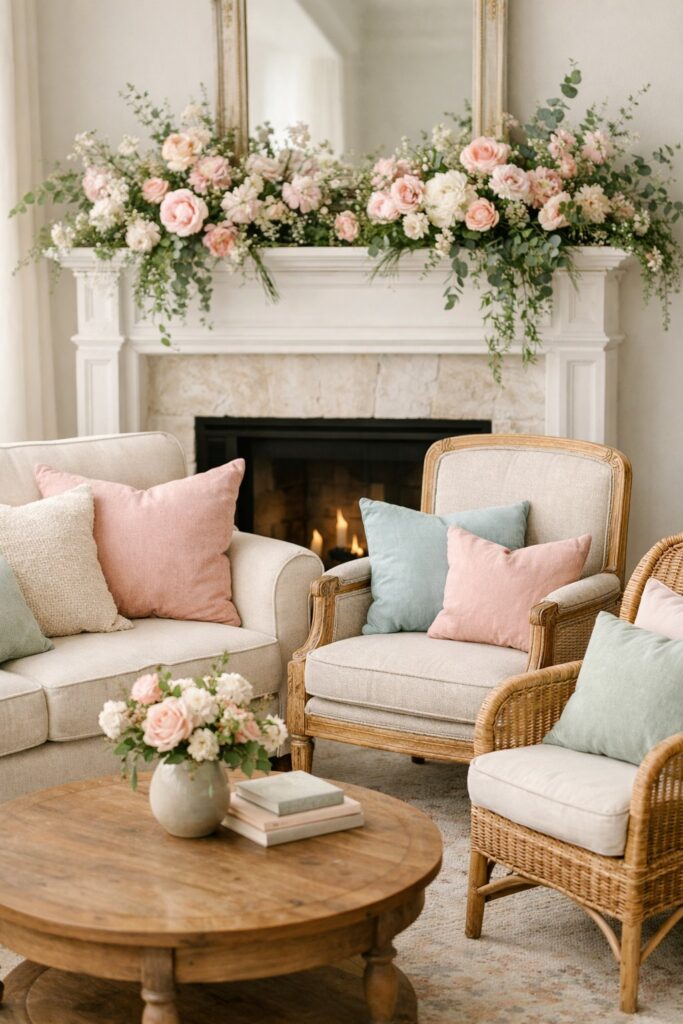 Mix textured pastel pillows on nearby seating for cohesion