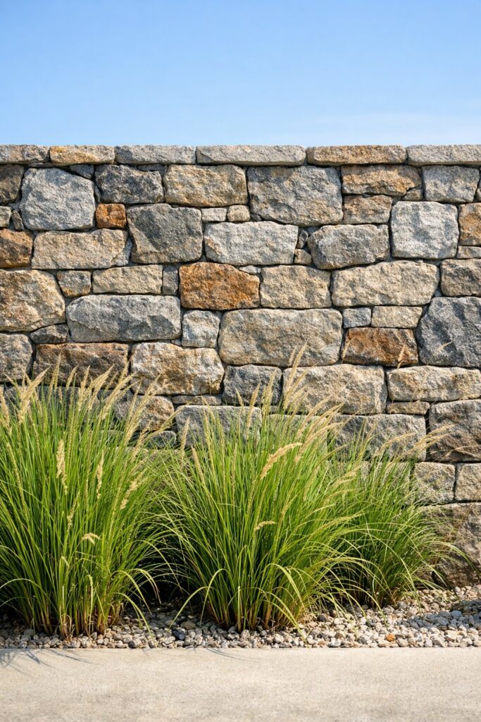 Stone wall combined with tall ornamental grasses