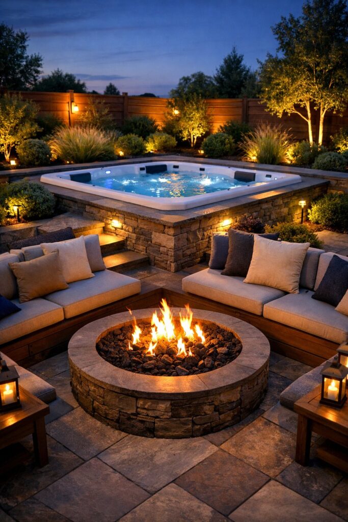 Sunken hot tub with fire pit at eye level for easy conversation