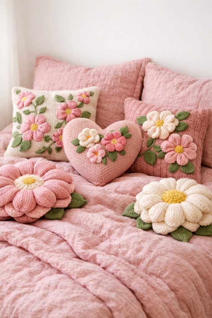 Textured pink bedding combined with knitted floral cushions
