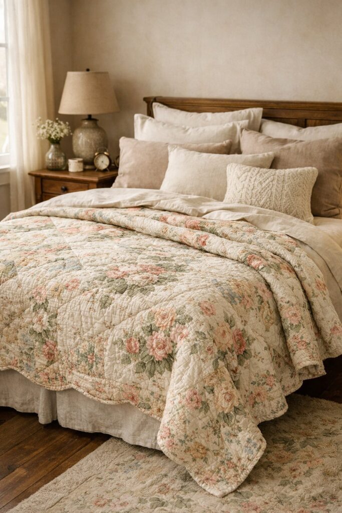 Use a quilt with vintage floral designs