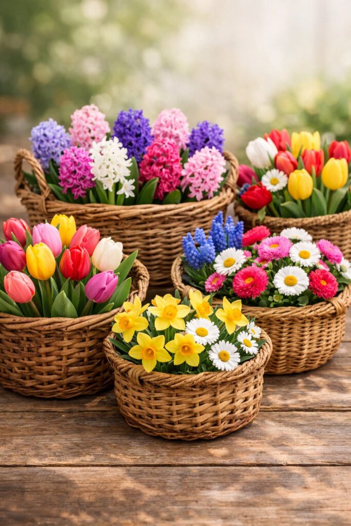 Use woven baskets filled with spring flowers