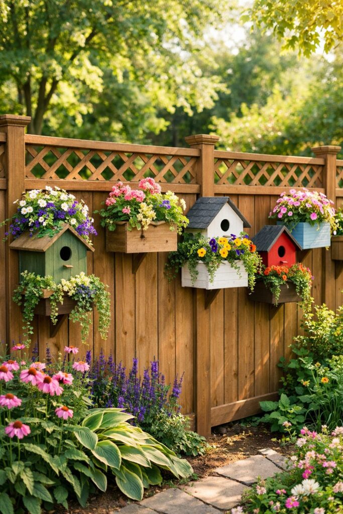 Birdhouse planters doubling as decor and barrier