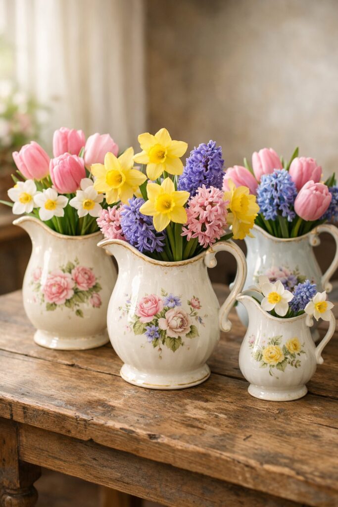 Display old-fashioned porcelain pitchers as vases