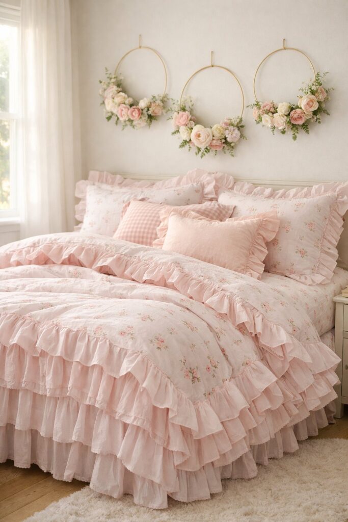 Floral hoops and pink ruffled bedding for a dreamy look