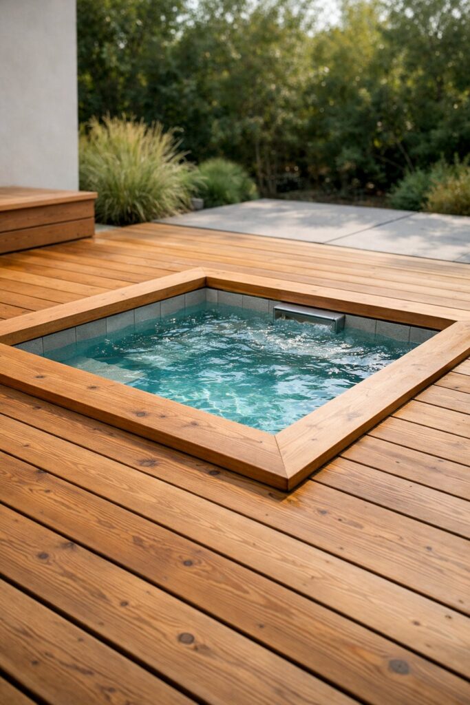 Minimalist wood deck with small hot tub