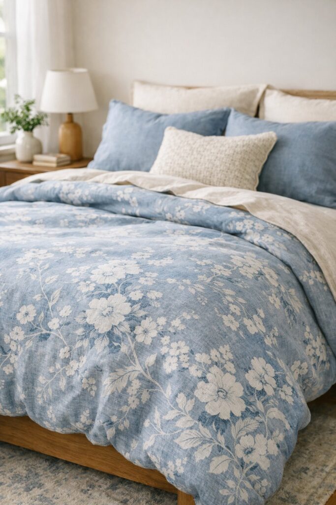 Muted blue floral linen duvet