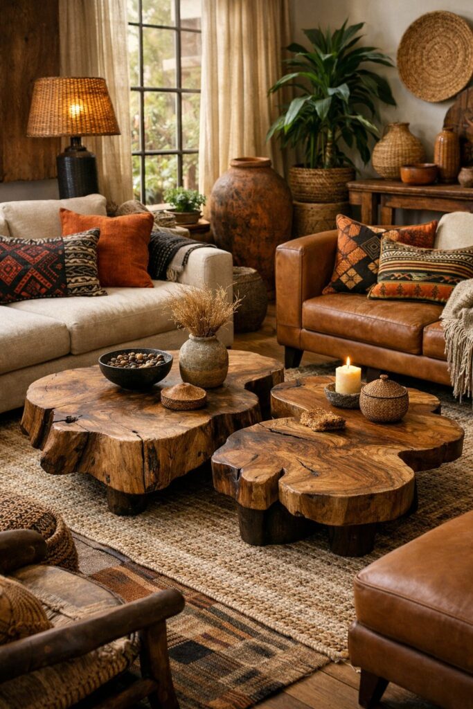 Use low wooden coffee tables with organic shapes