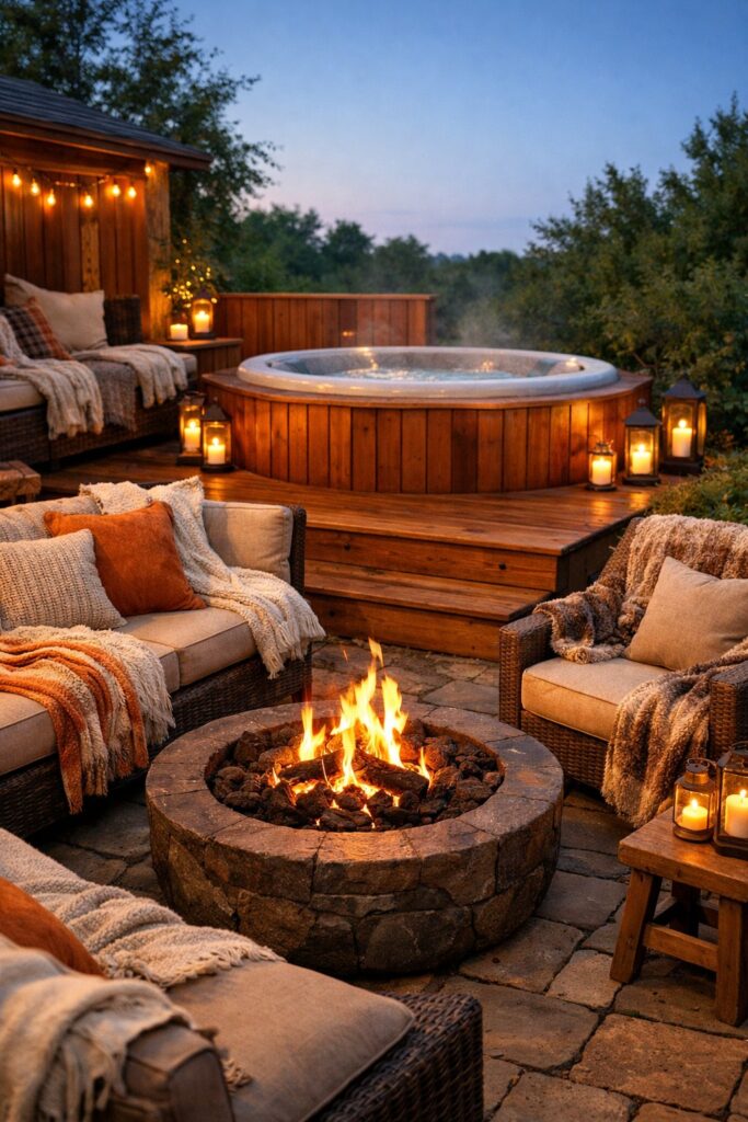Warm textiles and blankets around fire pit seating near wooden hot tub deck