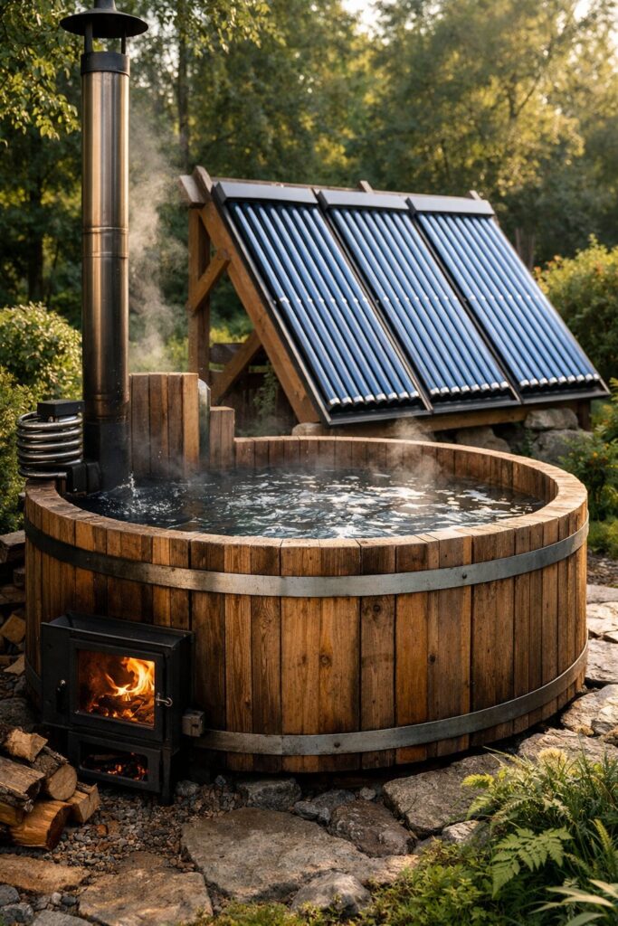 Wood Fired Hot Tub with Solar Water Heating Integration