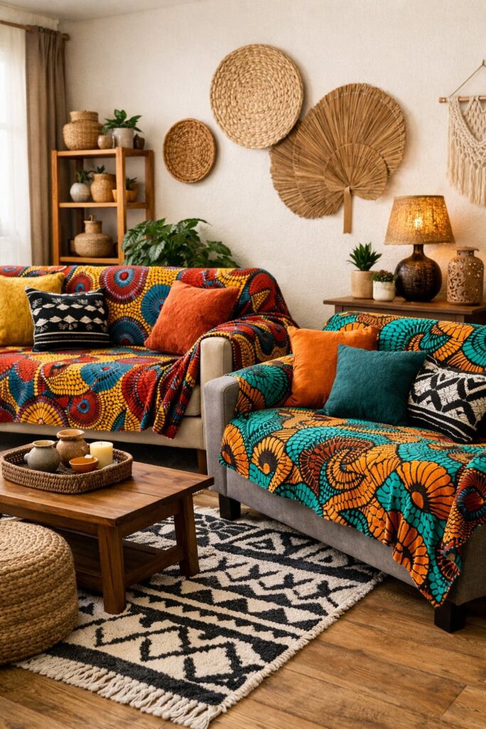 Drape vibrant Ankara fabric throws over sofas