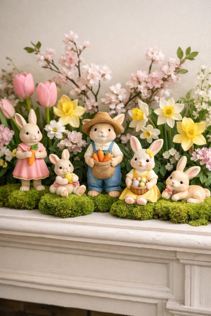 Feature whimsical bunny figurines with fresh moss bases