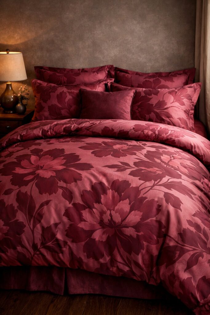 Moody dark pink bedding with large floral silhouettes