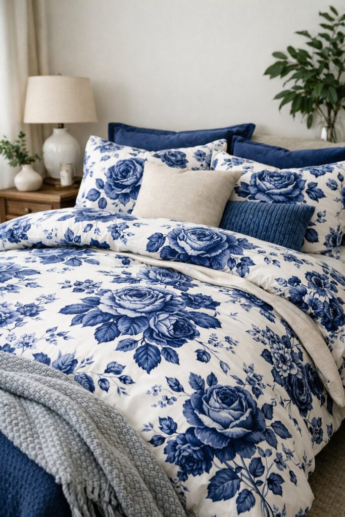 Navy blue rose print bedding
