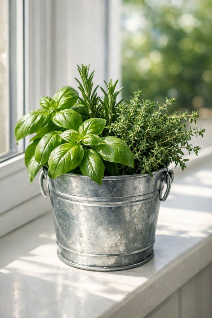 Put a small galvanized bucket of herbs on the kitchen windowsill