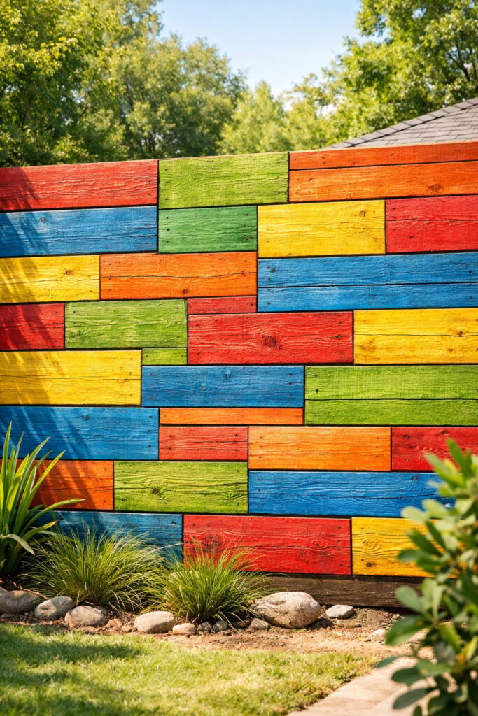 Recycled wood privacy wall with colorful paint