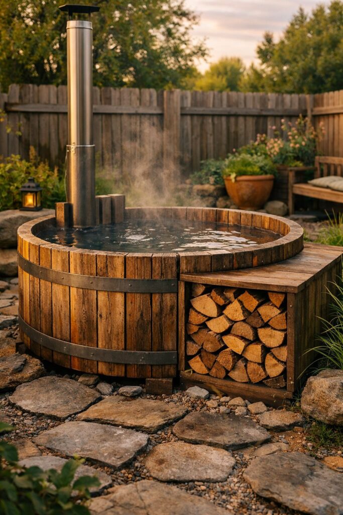 Rustic Backyard Hot Tub with Firewood Storage