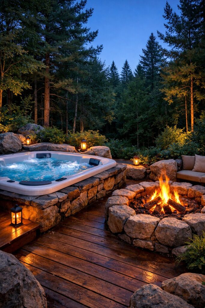 Secluded forest retreat style hot tub with natural rock fire pit
