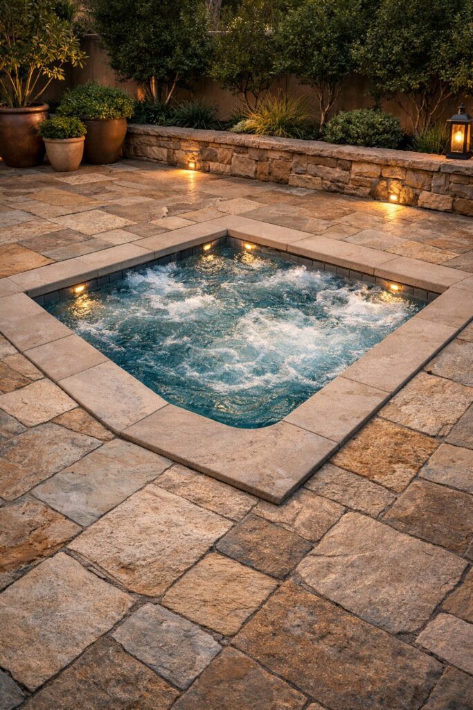 Stone-paved deck with built-in spa area