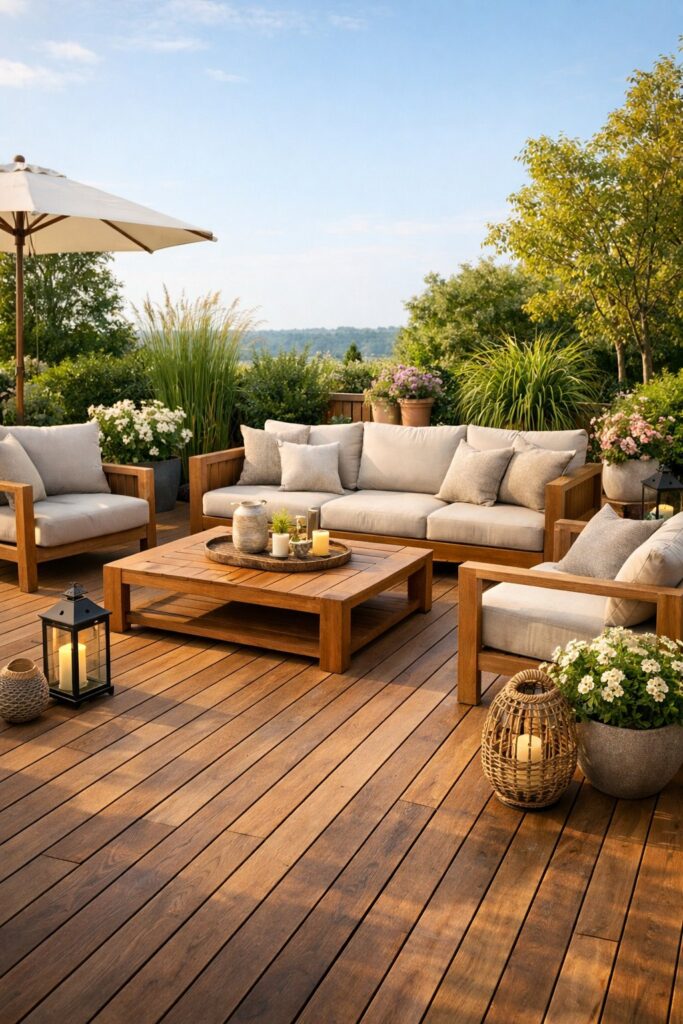 Terrasse mit Holzdeck und Loungemöbeln