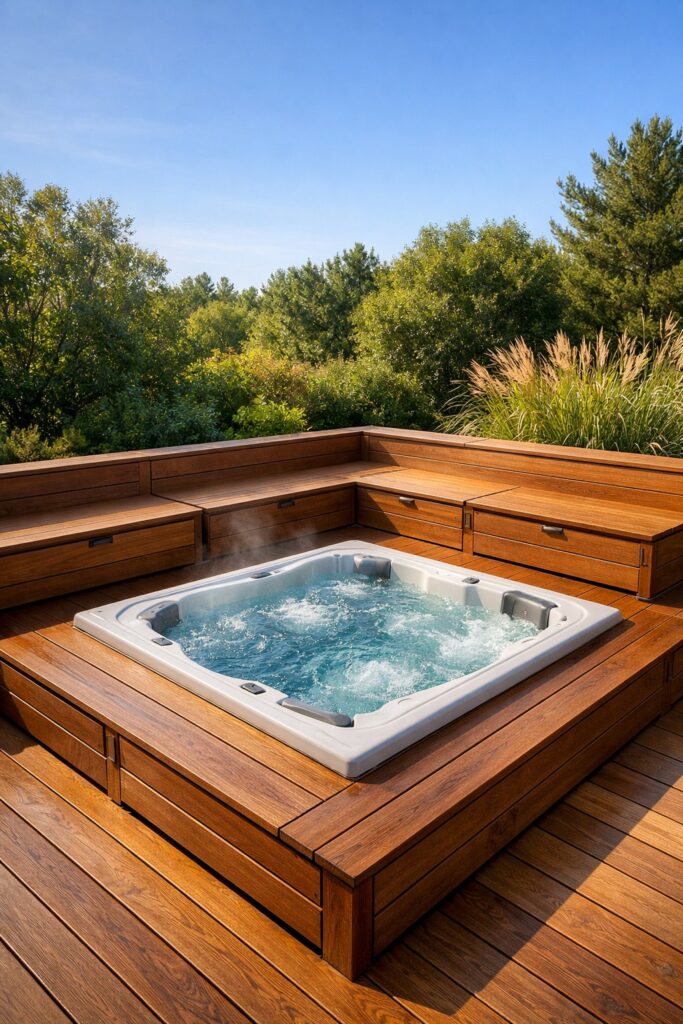 Deck with storage benches around hot tub