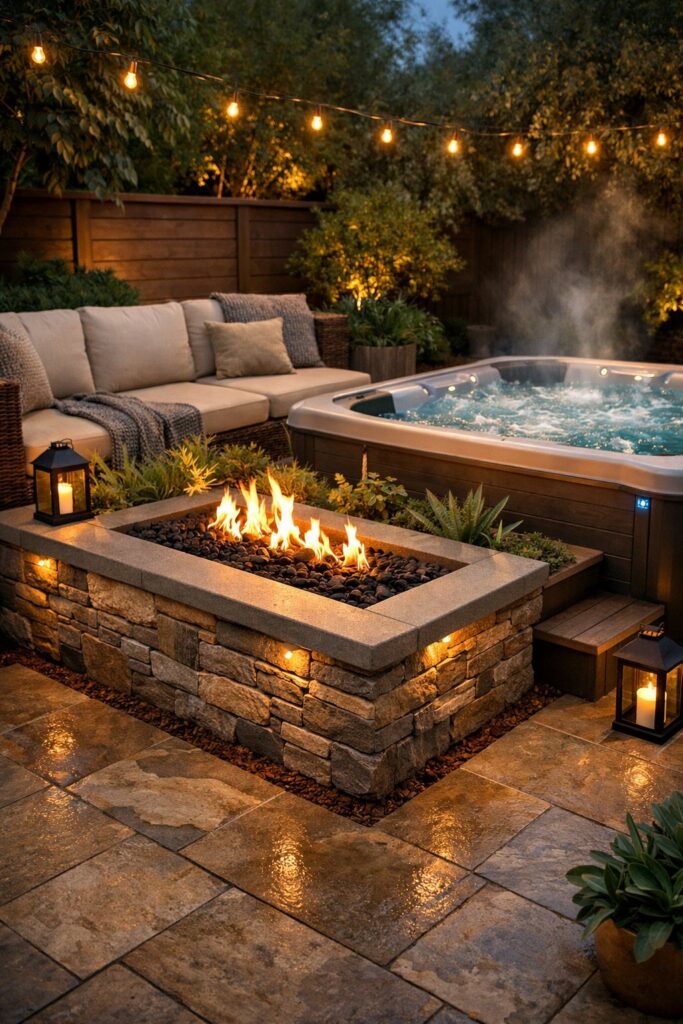 Fire pit inset in a raised planter bed next to a hot tub