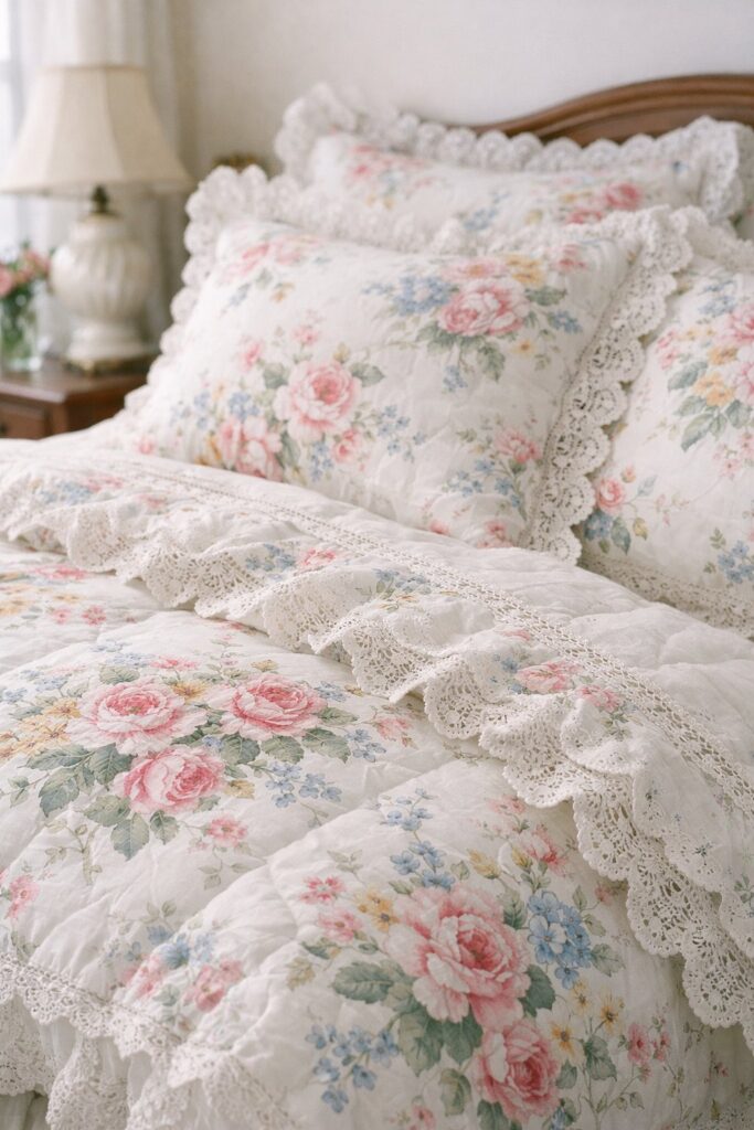 Floral Bedding with Lace Trim