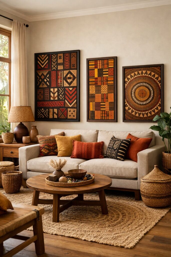 Hang framed African textile art on walls