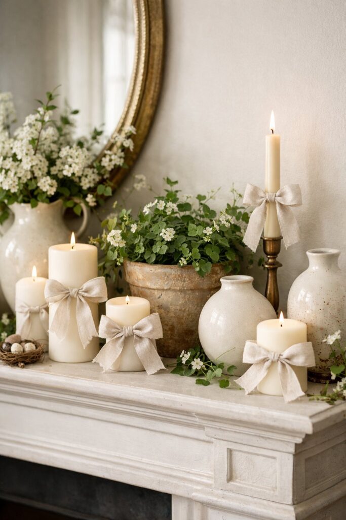 Incorporate soft linen ribbons tied into bows around decor pieces