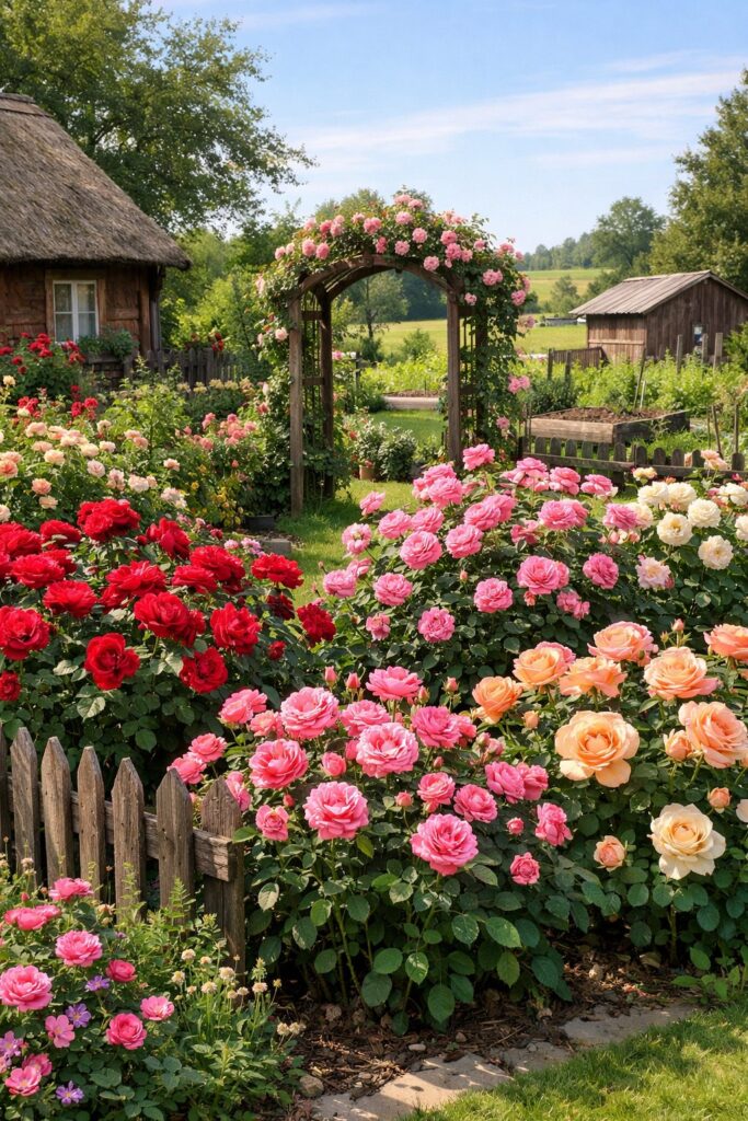 Ländlicher Bauerngarten mit Rosenbeeten