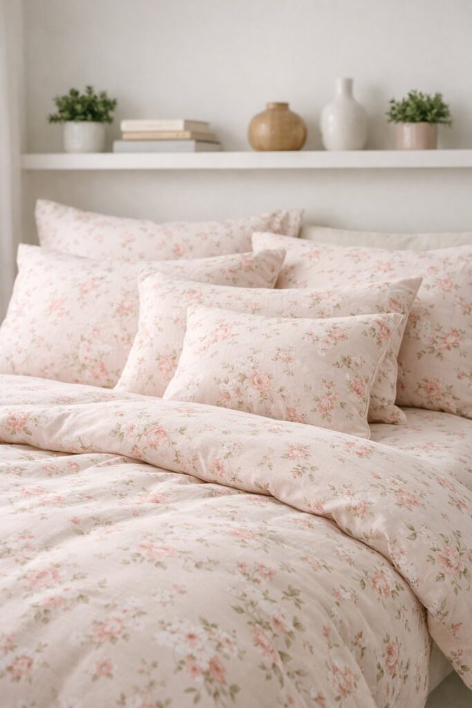 Light pink floral sheets with floating shelf décor
