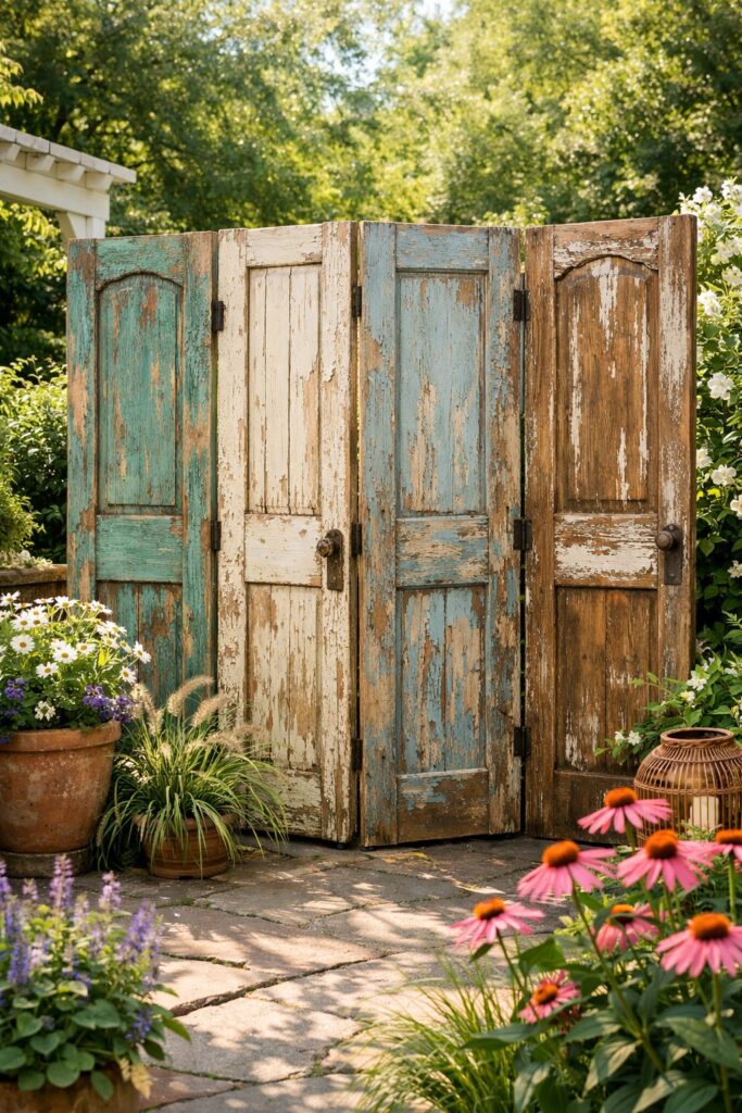 Privacy screen made from reclaimed doors
