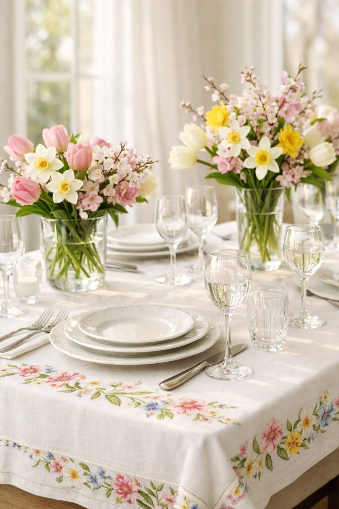 Set a charming table with floral embroidered linens