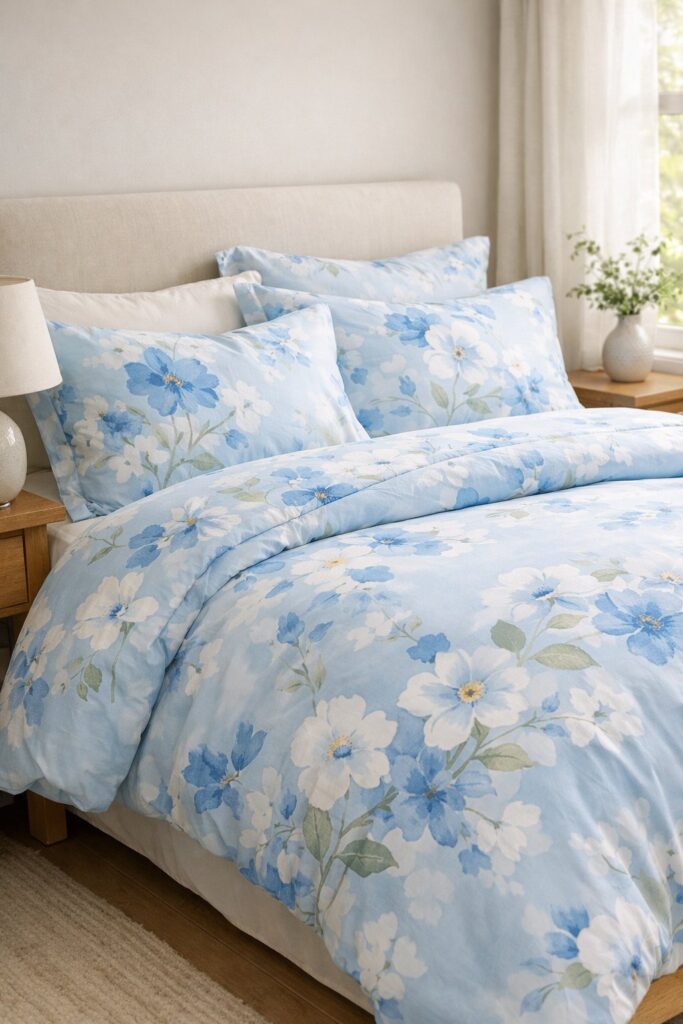 Sky blue floral watercolor bedding