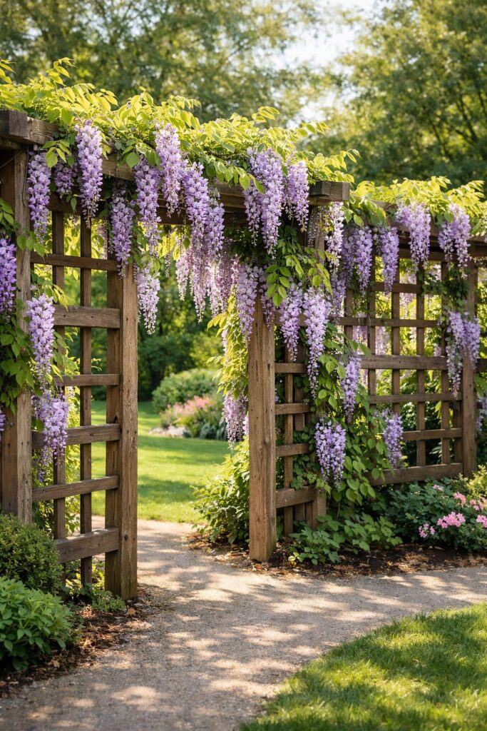 Trellises supporting flowering vines like wisteria