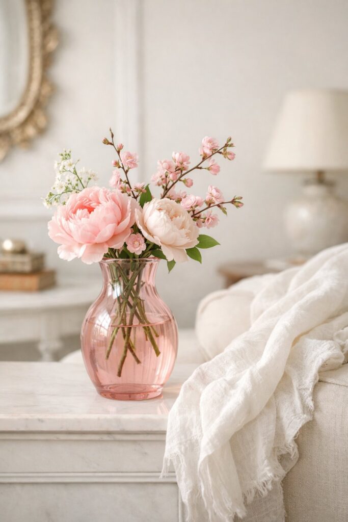 Add a pink glass vase paired with white linen throws