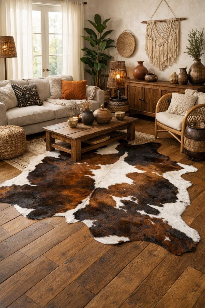 Add a statement cowhide rug