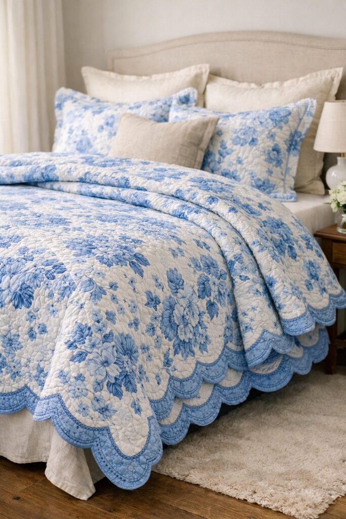 Blue floral scalloped edge quilt