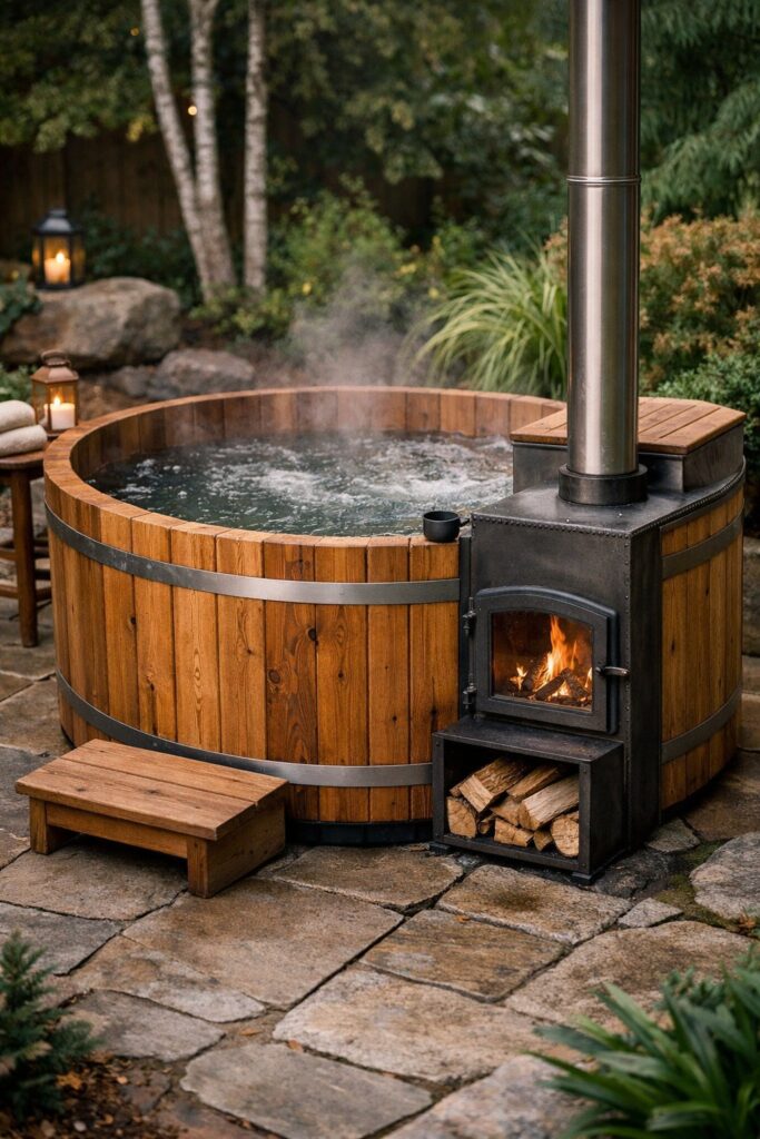 Hot Tub with Integrated Wood Stove and Water Tank