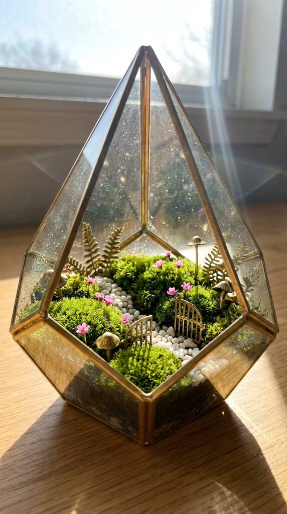 Miniature terrariums with moss and tiny flowers