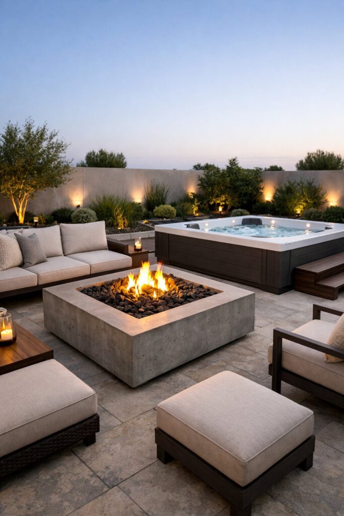 Modern minimalist patio with concrete fire pit and sleek hot tub design